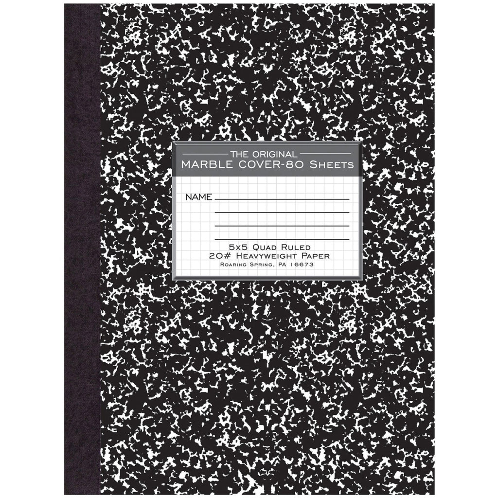 Roaring Spring Black Marble Composition Book - 80 Sheets - 160 Pages - Printed - Sewn/Tapebound - Both Side Ruling Surface - 20 lb Basis Weight - 10 1/4" x 7 7/8" - 0.50" x 7.9" x 10.3" - White Paper - Black Binding - Black Marble Marble Clay, White