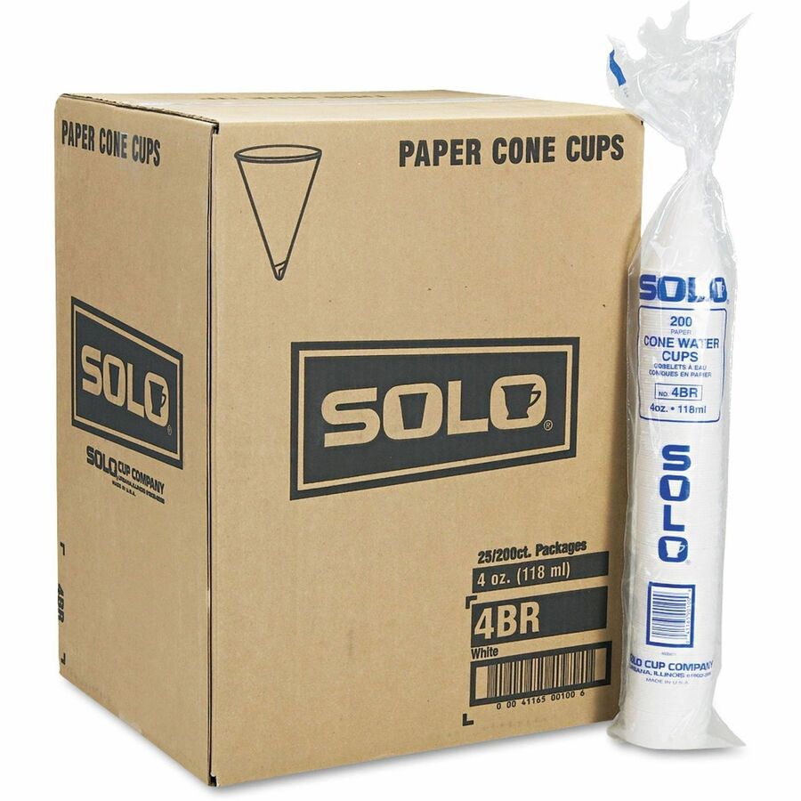 Solo Eco-Forward 4 oz Treated Paper Cone Water Cups - 200 / Pack - Cone - 25 / Carton - White - Paper - Cold Drink - 5