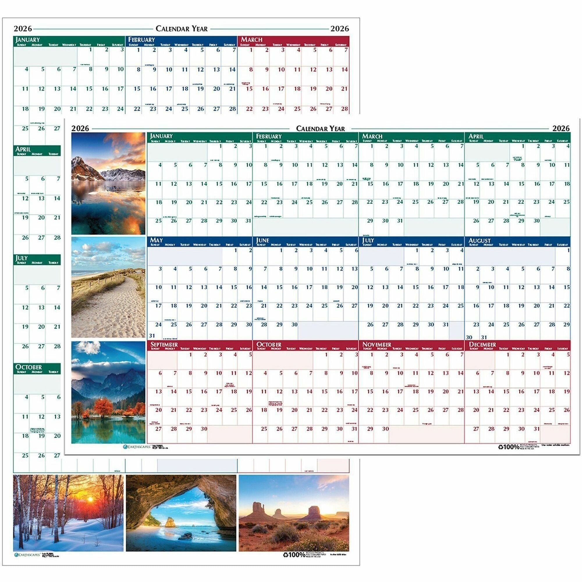 Earthscapes Recycled Reversible/Erasable Yearly Wall Calendar, Nature Photos, 32 x 48, White Sheets, 12-Month (Jan-Dec): 2024