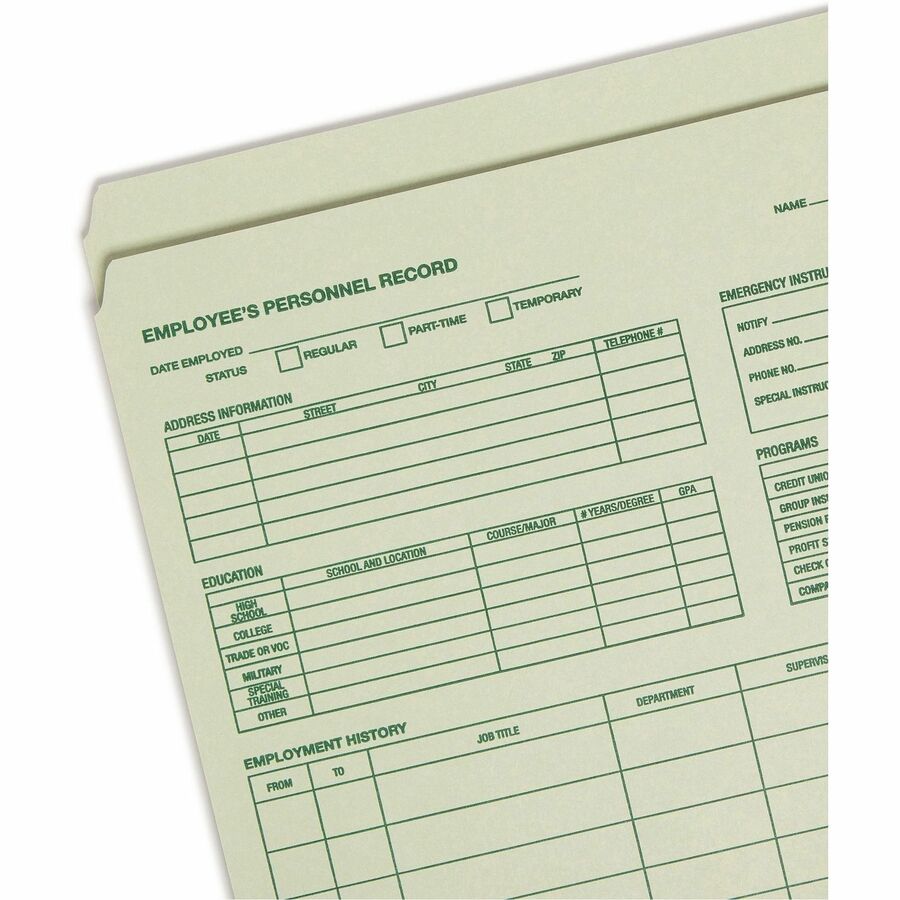 Smead Straight Tab Cut Letter Recycled Top Tab File Folder - 8 1/2" x 11" - Moss - 10% Recycled - 20 / Pack
