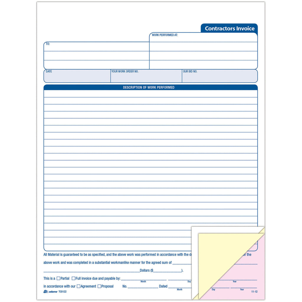 Adams Contractor's Invoice Book - 50 Sheet(s) - 3 PartCarbonless Copy - 8.37" x 11" Sheet Size - White - 1 Each - 