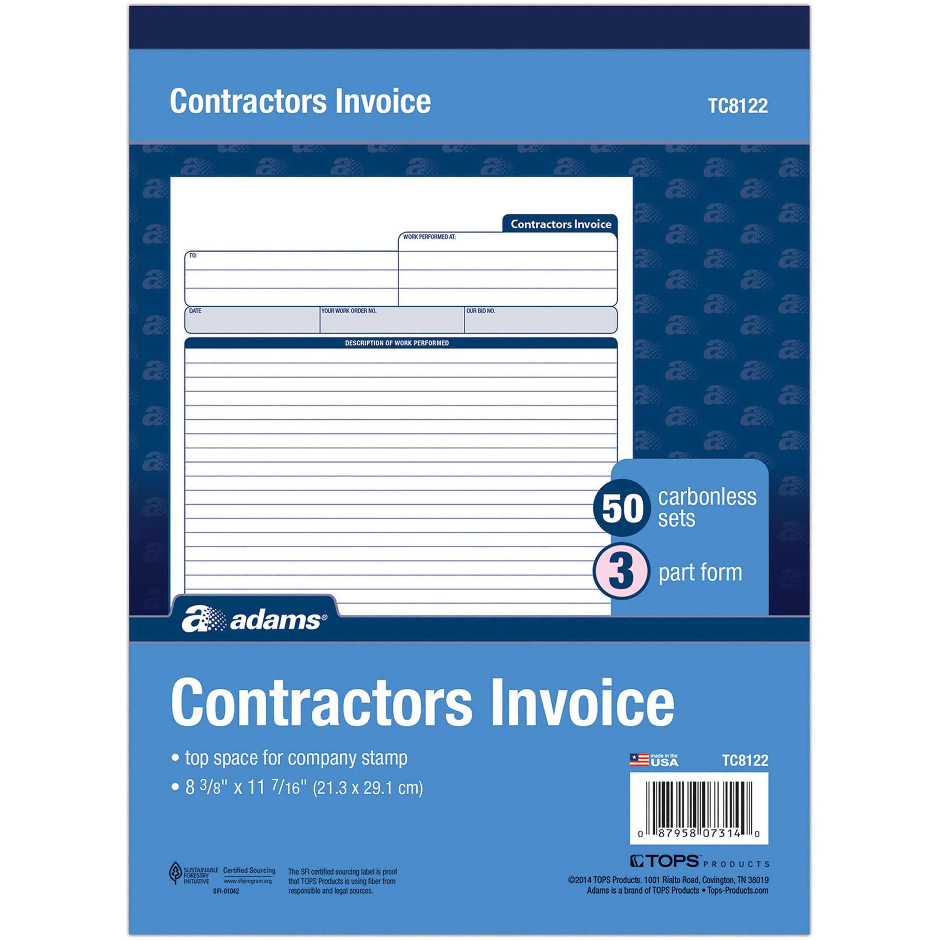 Adams Contractor's Invoice Book - 50 Sheet(s) - 3 PartCarbonless Copy - 8.37" x 11" Sheet Size - White - 1 Each - 