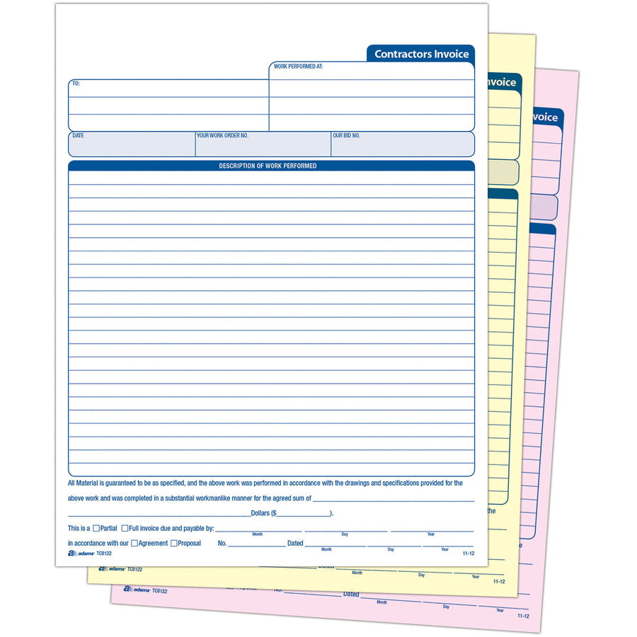 Adams Contractor's Invoice Book - 50 Sheet(s) - 3 PartCarbonless Copy - 8.37" x 11" Sheet Size - White - 1 Each - 