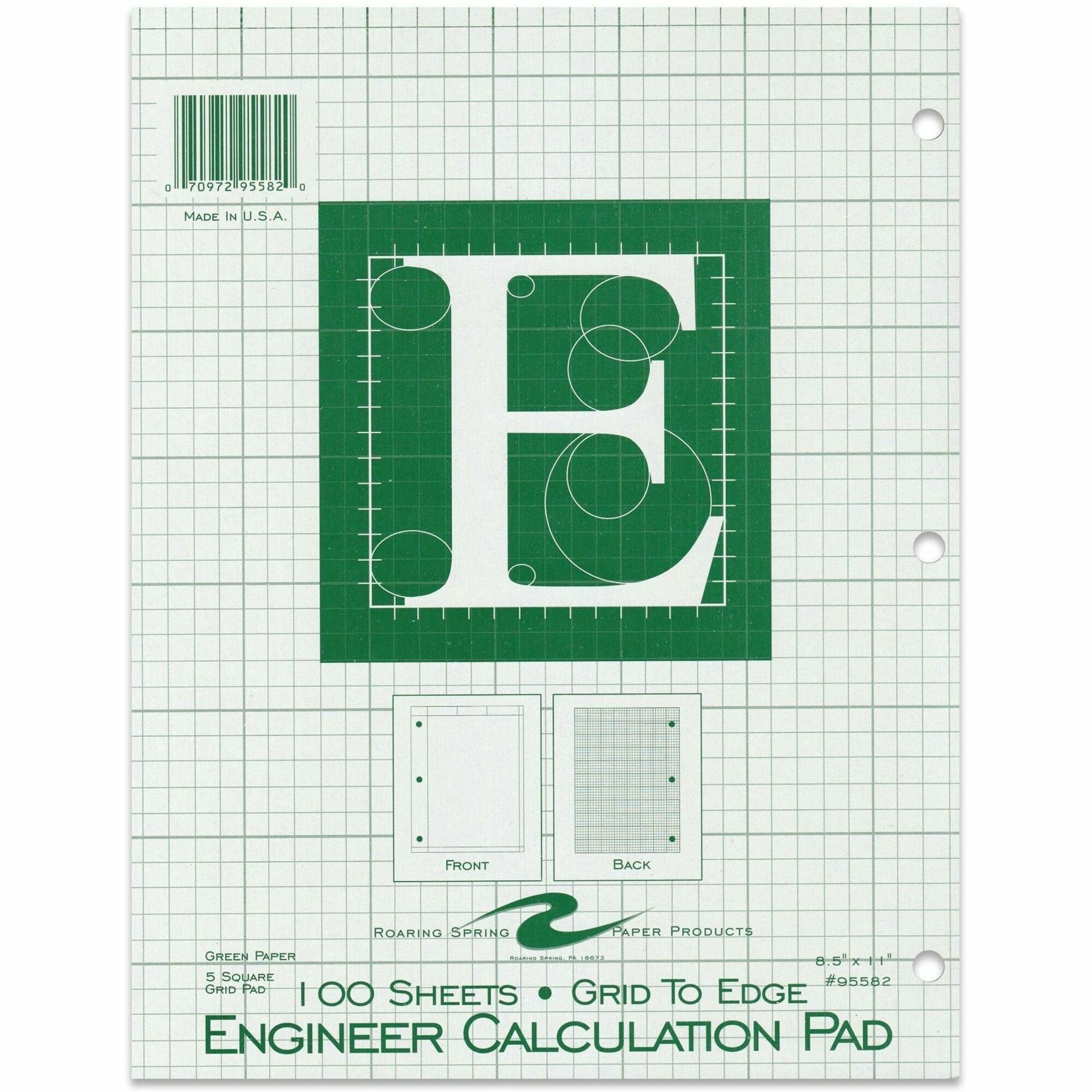Roaring Spring 5x5 Grid Engineering Pad - 100 Sheets - 200 Pages - Printed - Glued - Back Ruling Surface - 3 Hole(s) - 15 lb Basis Weight - 56 g/m2 Grammage - 11" x 8 1/2" - 0.33" x 8.5" x 11" - Green Paper - Chipboard Cover - 1 Each - 