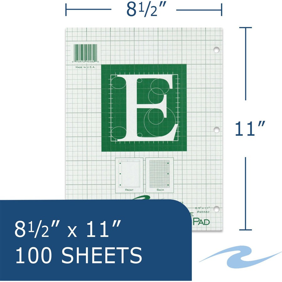 Roaring Spring 5x5 Grid Engineering Pad - 100 Sheets - 200 Pages - Printed - Glued - Back Ruling Surface - 3 Hole(s) - 15 lb Basis Weight - 56 g/m2 Grammage - 11" x 8 1/2" - 0.33" x 8.5" x 11" - Green Paper - Chipboard Cover - 1 Each