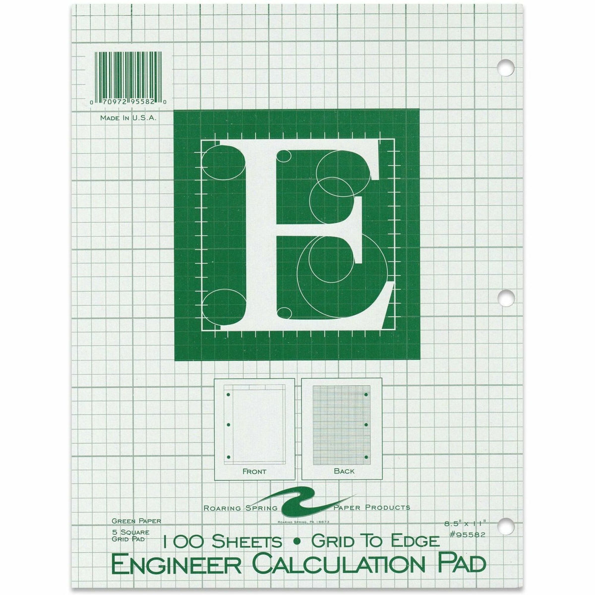 Roaring Spring 5x5 Grid Engineering Pad - 100 Sheets - 200 Pages - Printed - Glued - Back Ruling Surface - 3 Hole(s) - 15 lb Basis Weight - 56 g/m2 Grammage - 11" x 8 1/2" - 0.33" x 8.5" x 11" - Green Paper - Chipboard Cover - 1 Each