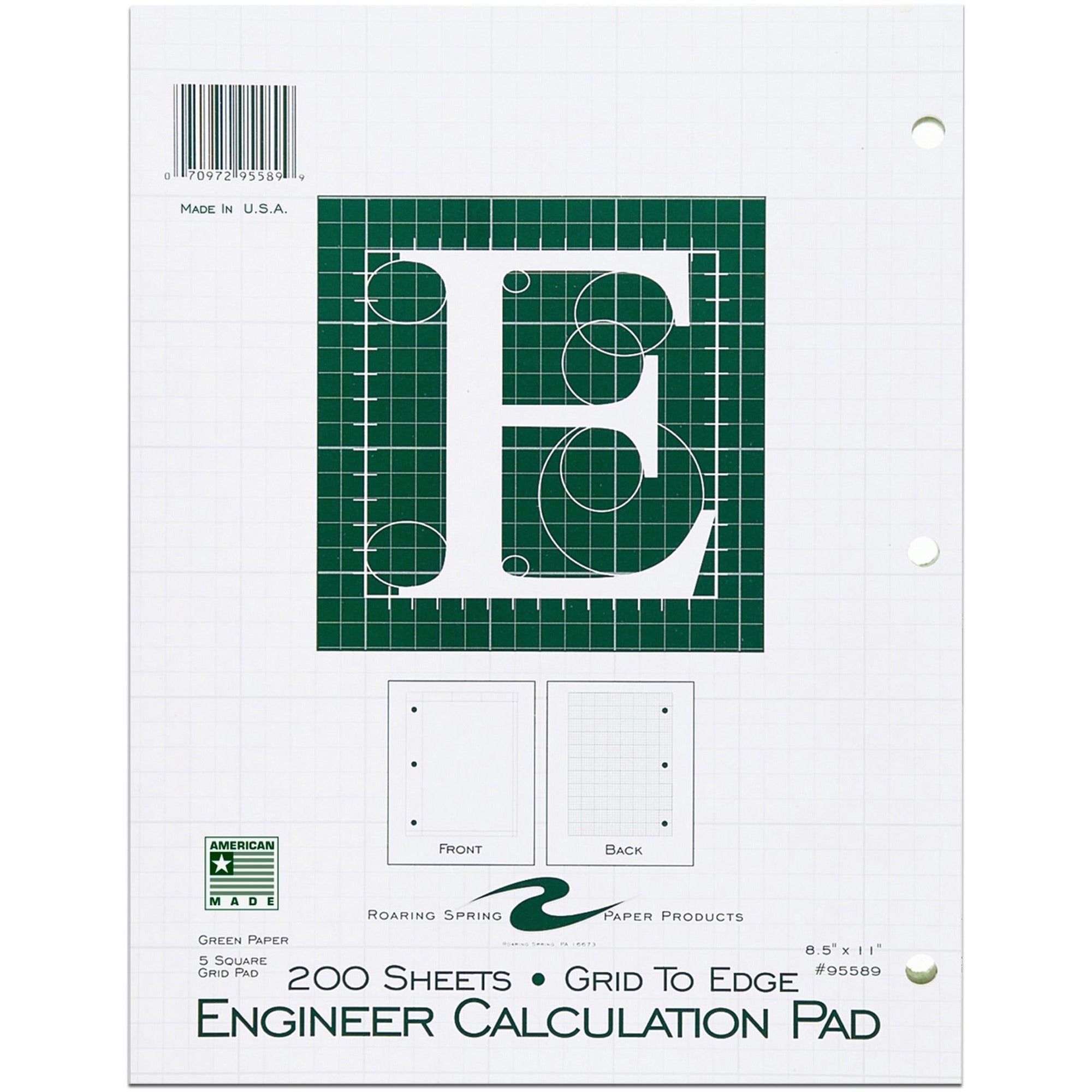 Roaring Spring 5x5 Grid Engineering Pad - 200 Sheets - 400 Pages - Printed - Glued - Back Ruling Surface - 3 Hole(s) - 15 lb Basis Weight - 56 g/m2 Grammage - 11" x 8 1/2" - 0.66" x 8.5" x 11" - Green Paper - Chipboard Cover - 1 Each - 