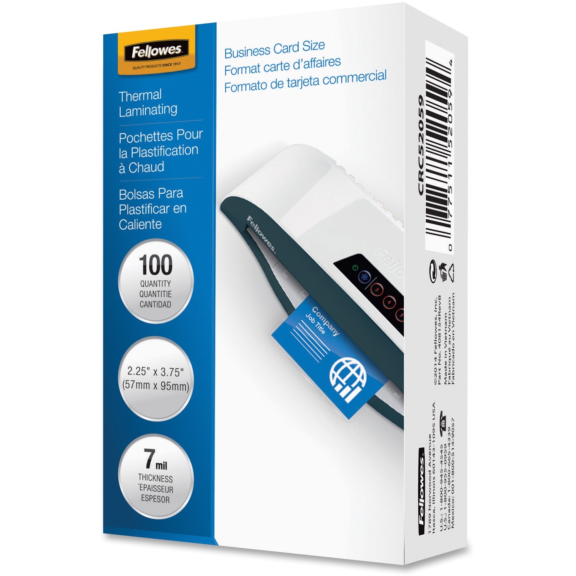 Fellowes Business Card Glossy Laminating Pouches - Sheet Size Supported: Business Card - Laminating Pouch/Sheet Size: 3.75" Width x 7 mil Thickness - Type G - Glossy - for Document, Business Card - Durable - Clear - 100 / Pack - 