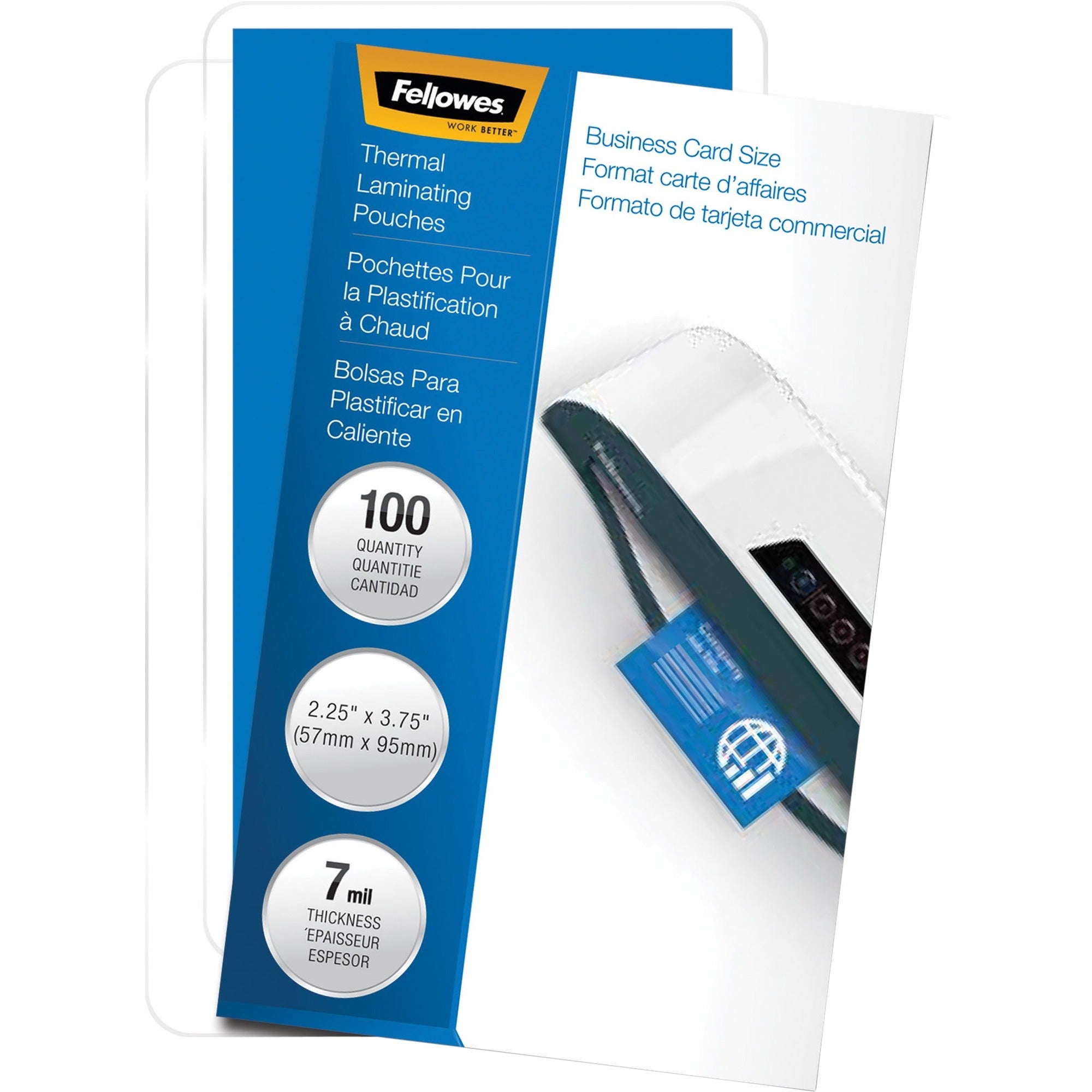 Fellowes Business Card Glossy Laminating Pouches - Sheet Size Supported: Business Card - Laminating Pouch/Sheet Size: 3.75" Width x 7 mil Thickness - Type G - Glossy - for Document, Business Card - Durable - Clear - 100 / Pack