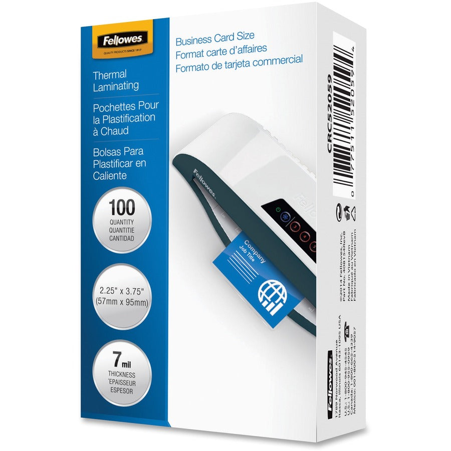 Fellowes Business Card Glossy Laminating Pouches - Sheet Size Supported: Business Card - Laminating Pouch/Sheet Size: 3.75" Width x 7 mil Thickness - Type G - Glossy - for Document, Business Card - Durable - Clear - 100 / Pack