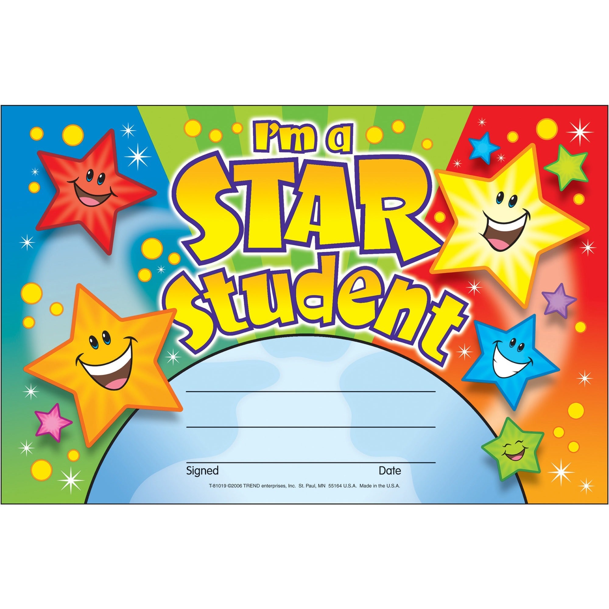 Trend I'm a Star Student Recognition Awards - 8.5" x 5.5" - Multicolor - 1 / Pack - 