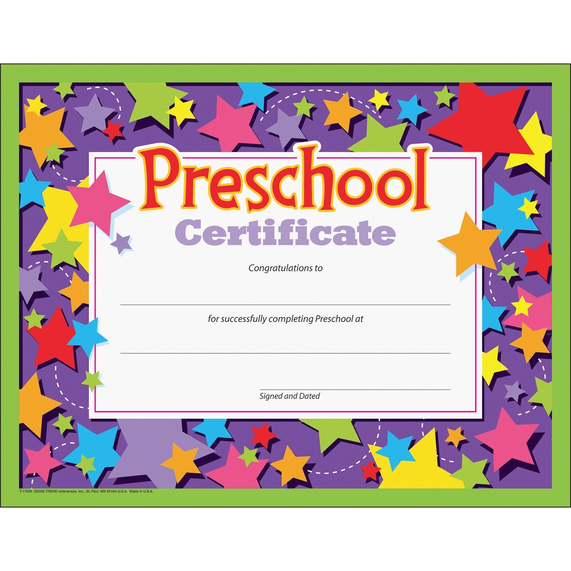 Colorful Classic Certificates, Preschool Diploma, 11 x 8.5, Horizontal Orientation, Assorted Colors, 30/Pack
