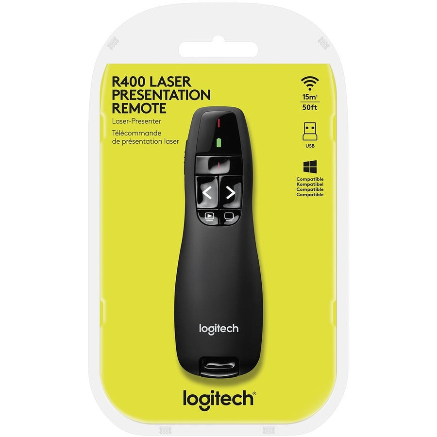 R400 Wireless Presentation Remote with Laser Pointer, Class 2, 50 ft Range, Matte Black