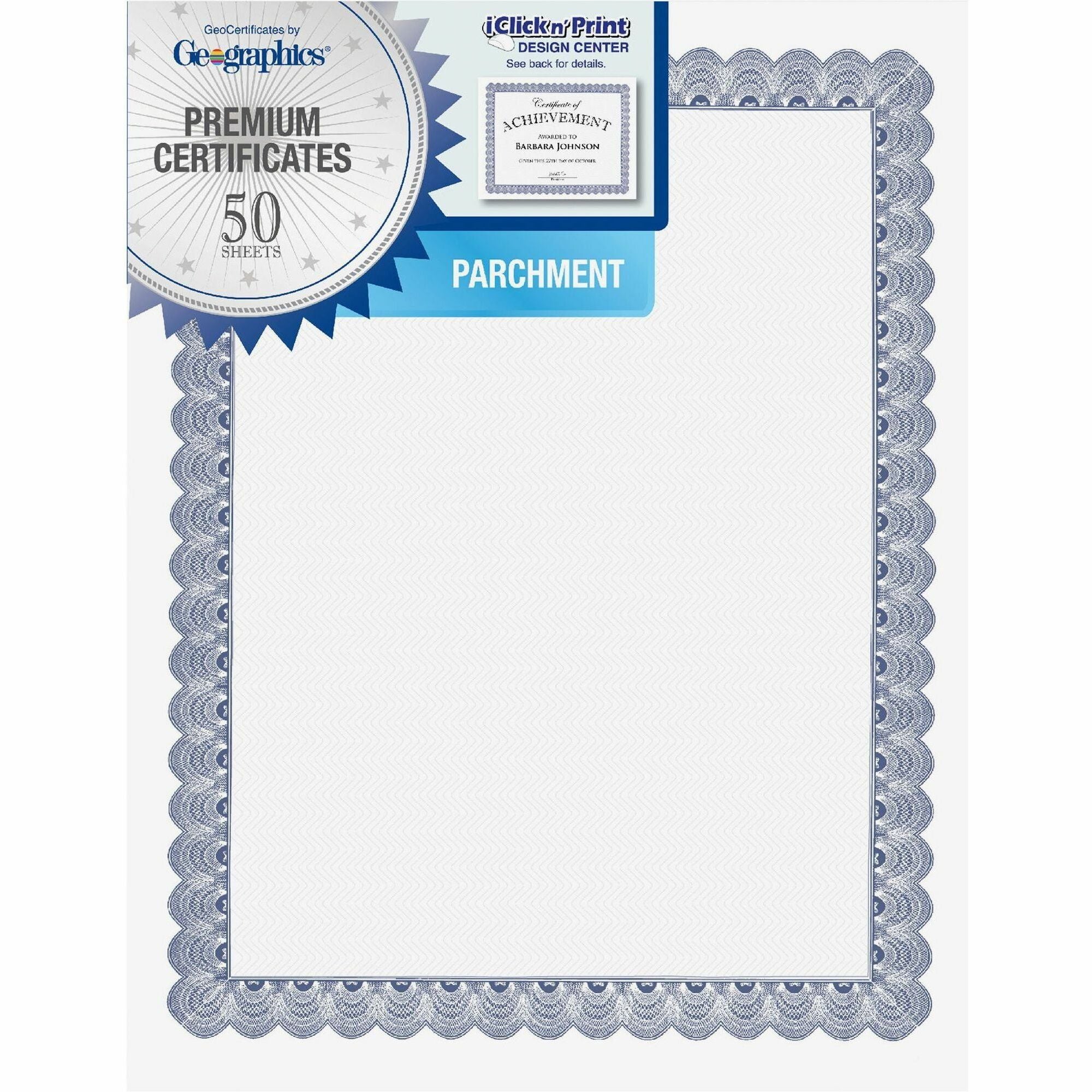Geographics Conventional Blue Certificate - 24 lb Basis Weight - 11" x 8.5" - Inkjet, Laser Compatible - Blue with White Border - Parchment Paper - 50 / Pack - 1