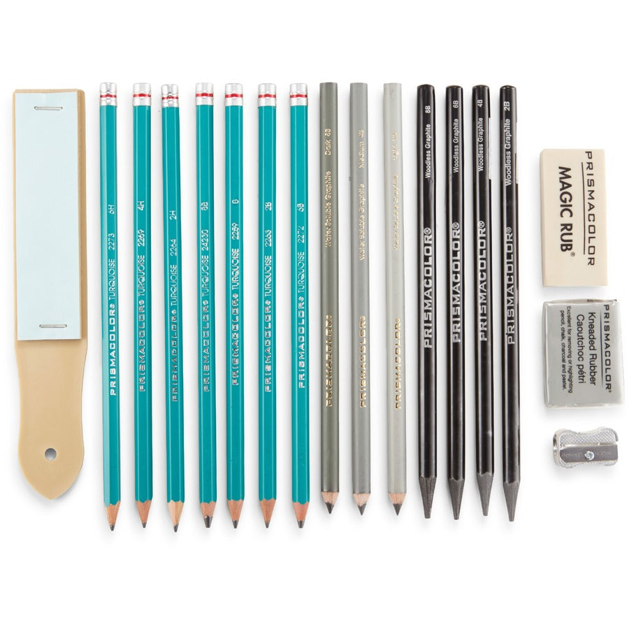 Prismacolor Premier Graphite Set - 8B, 6B, 4B, 2B, B, HB, 2H, 4H, 6H Pencil Grade - Graphite Lead - Turquoise Barrel - Latex-free Eraser - 18 / Pack - 