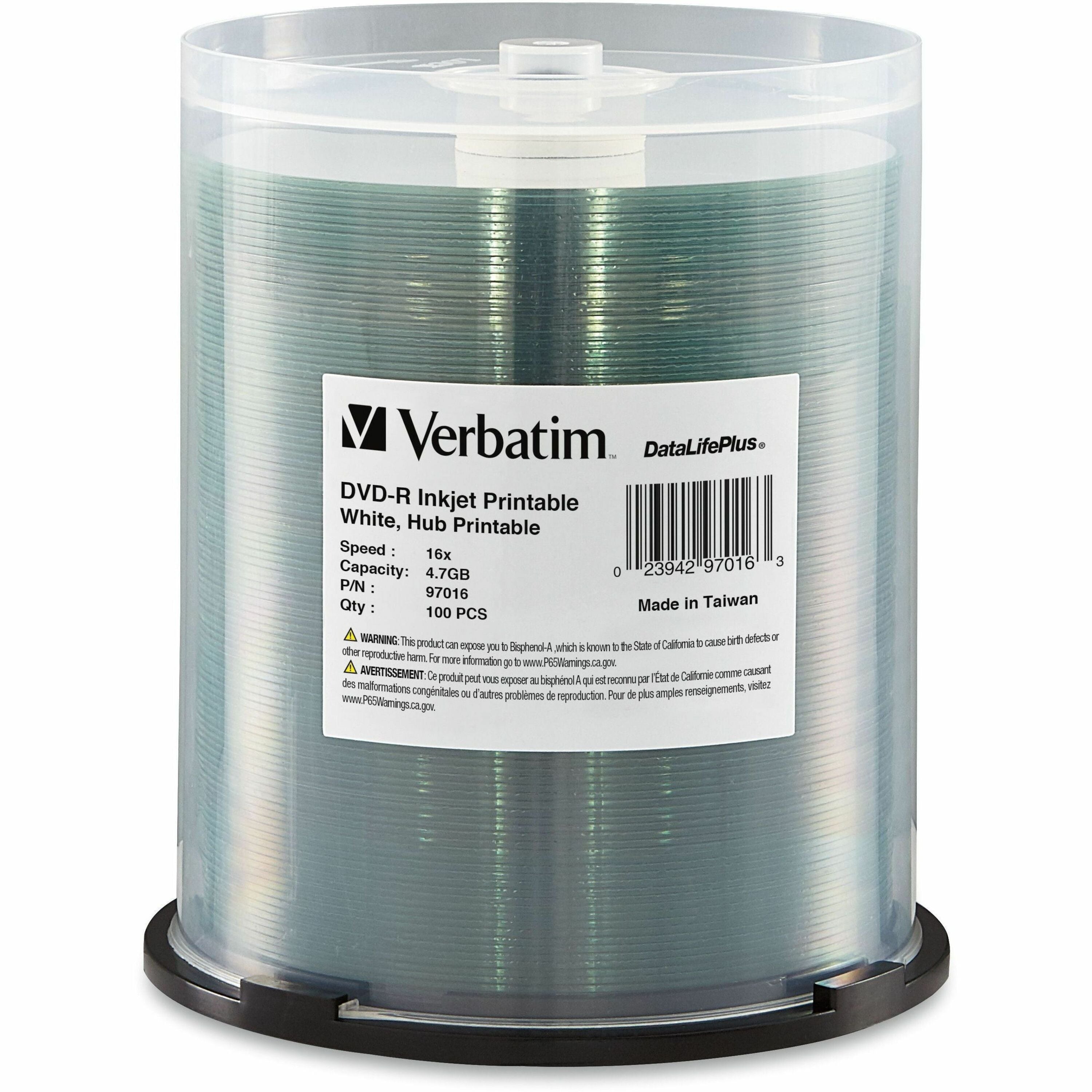 Verbatim 97016 DVD Recordable Media - DVD-R - 16x - 4.70 GB - 100 Pack Wrap - Inkjet Printable