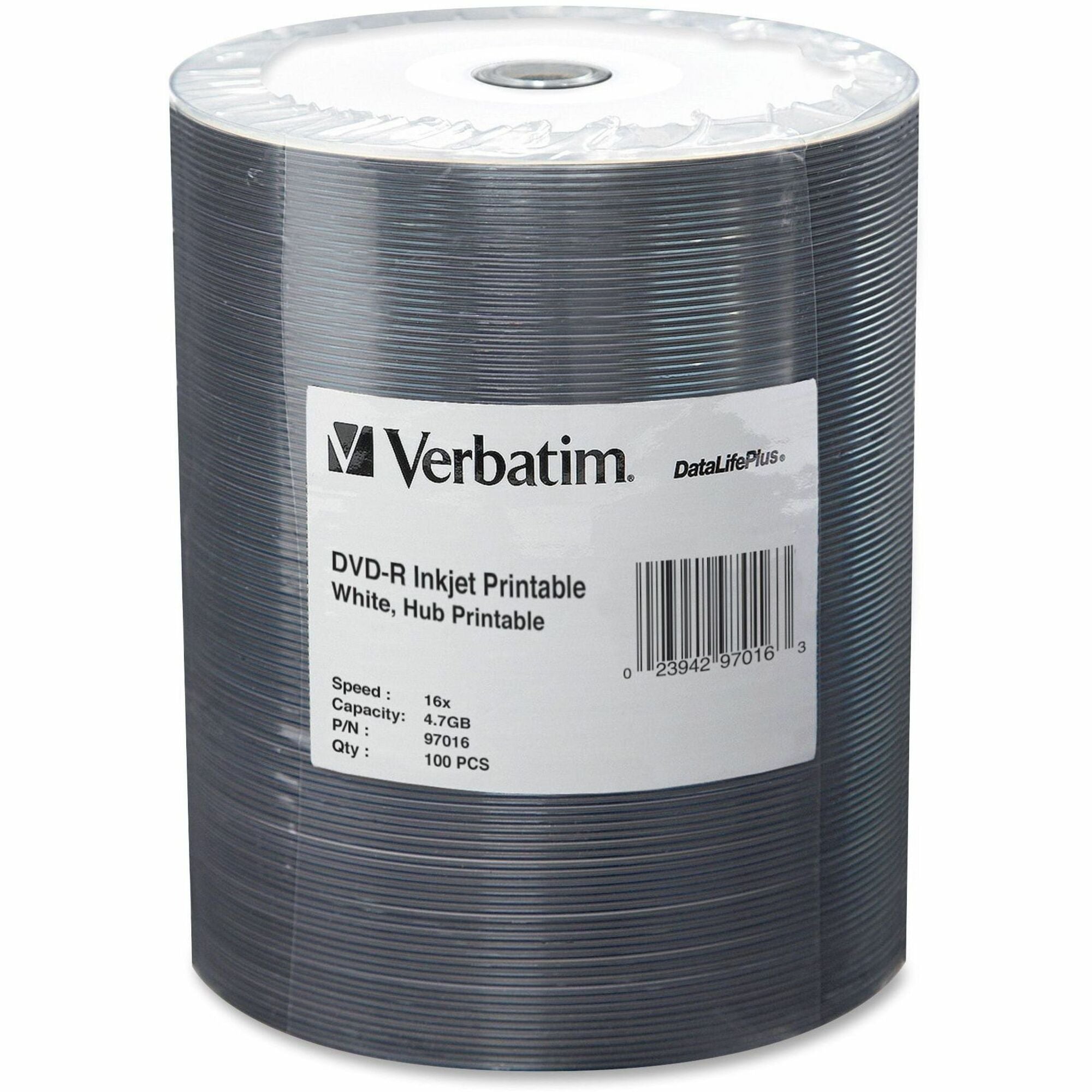 Verbatim 97016 DVD Recordable Media - DVD-R - 16x - 4.70 GB - 100 Pack Wrap - Inkjet Printable - 
