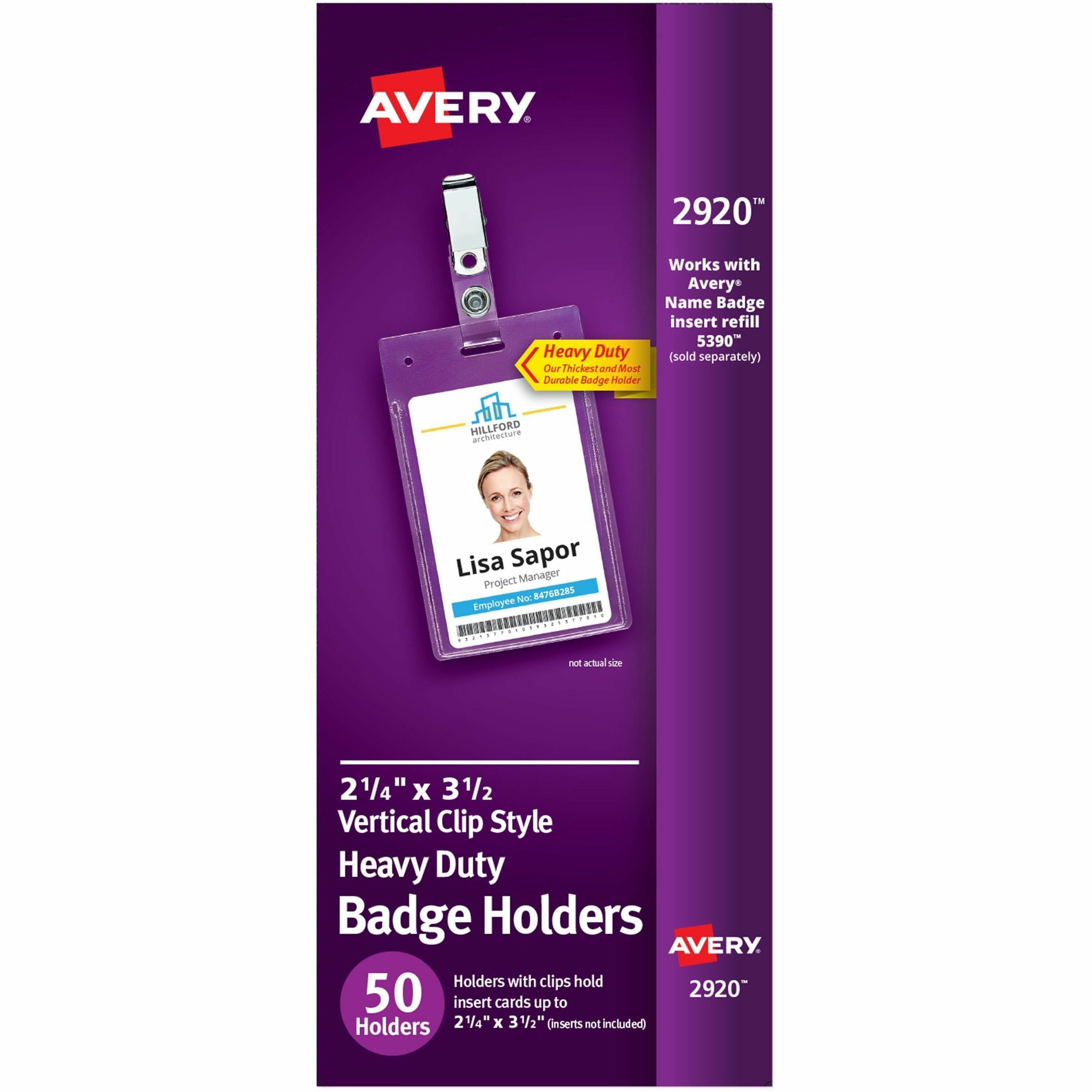 Avery Heavy-Duty Secure Top Clip-Style Badge Holders - Support 2.25" x 3.50" Media - Portrait - 2.3" x 3.3" - Plastic - 50 / Box - Clear - 