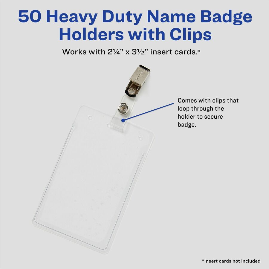 Avery Heavy-Duty Secure Top Clip-Style Badge Holders - Support 2.25" x 3.50" Media - Portrait - 2.3" x 3.3" - Plastic - 50 / Box - Clear - 