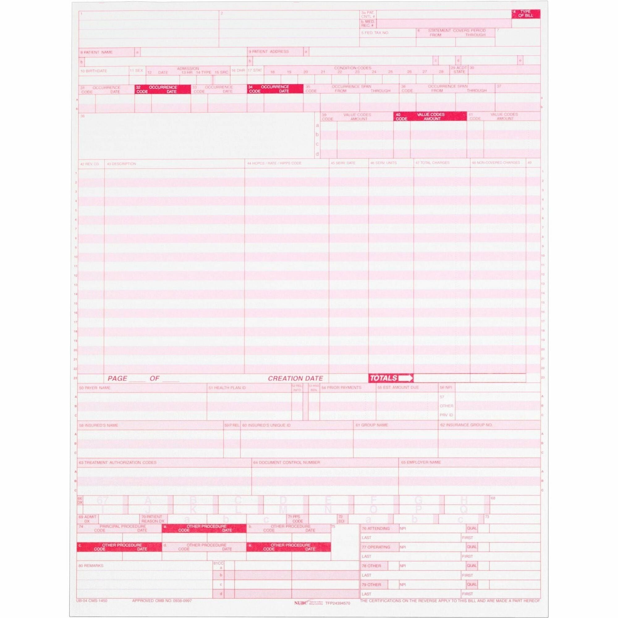 UB04 Hospital Insurance Claim Form for Laser Printers, One-Part (No Copies), 8.5 x 11, 2,500 Forms Total