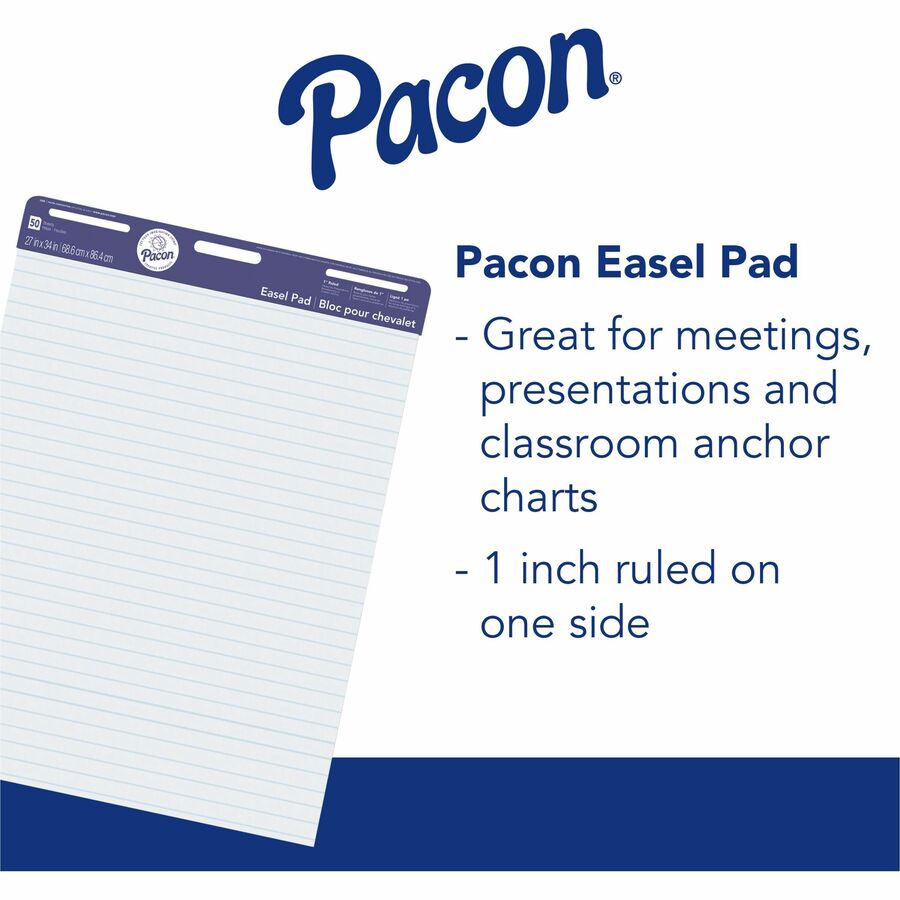 Pacon Ruled Easel Pads - 50 Sheets - Stapled/Glued - Front Ruling Surface - Ruled - 1" Ruled - 27" x 34" - White Paper - Chipboard Cover - Perforated, Bond Paper - 50 / Pad