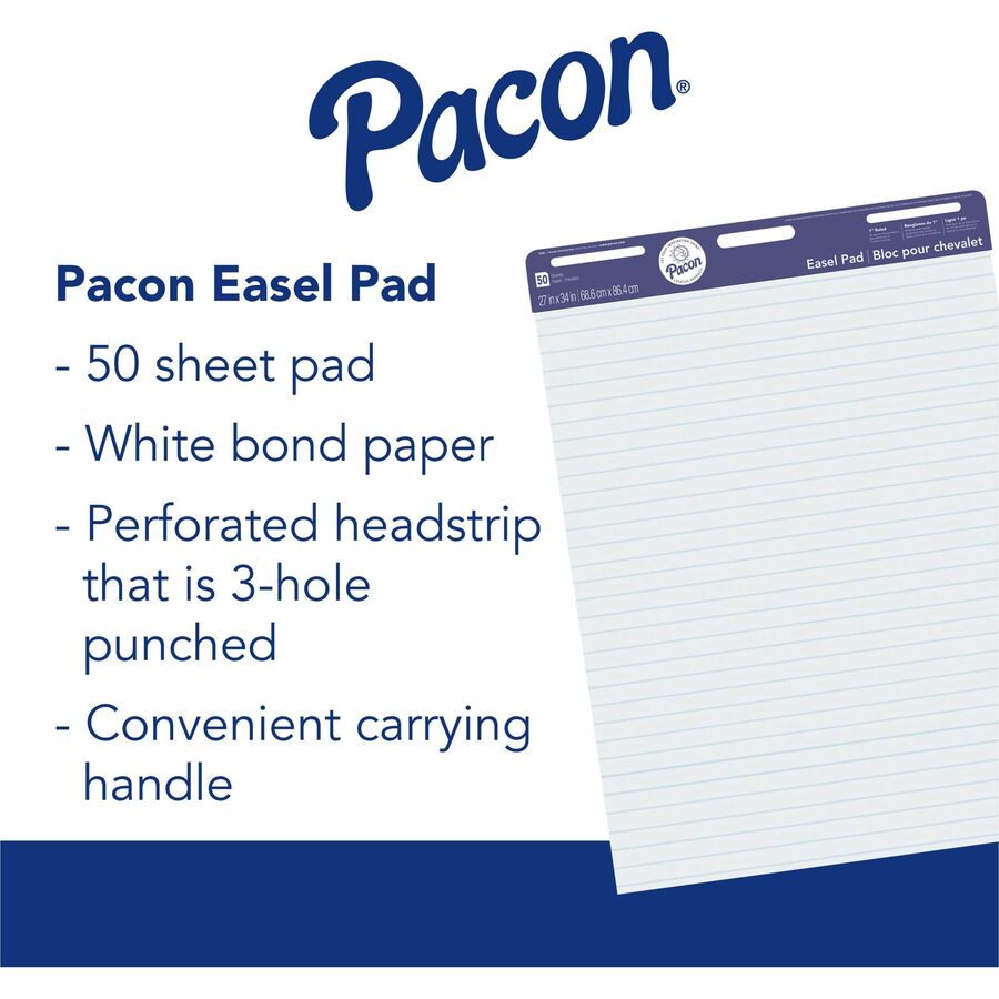 Pacon Ruled Easel Pads - 50 Sheets - Stapled/Glued - Front Ruling Surface - Ruled - 1" Ruled - 27" x 34" - White Paper - Chipboard Cover - Perforated, Bond Paper - 50 / Pad