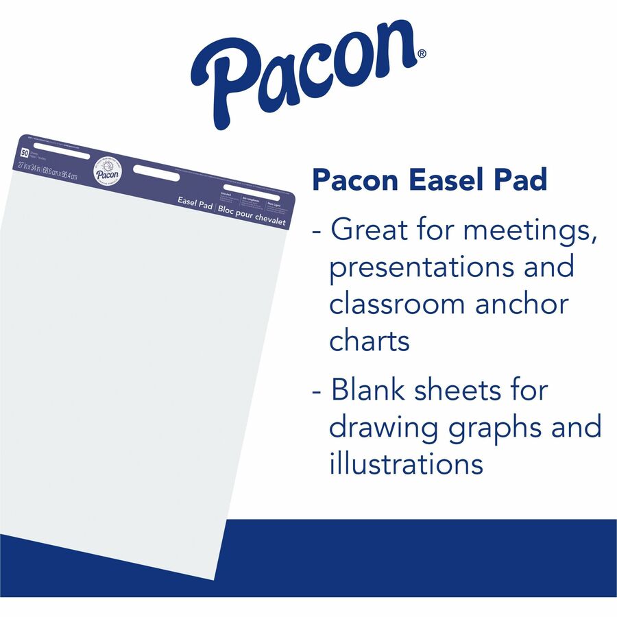 Pacon Unruled Easel Pads - 50 Sheets - Plain - Stapled/Glued - Unruled - 27" x 34" - White Paper - Chipboard Cover - Perforated, Bond Paper - 50 / Pad