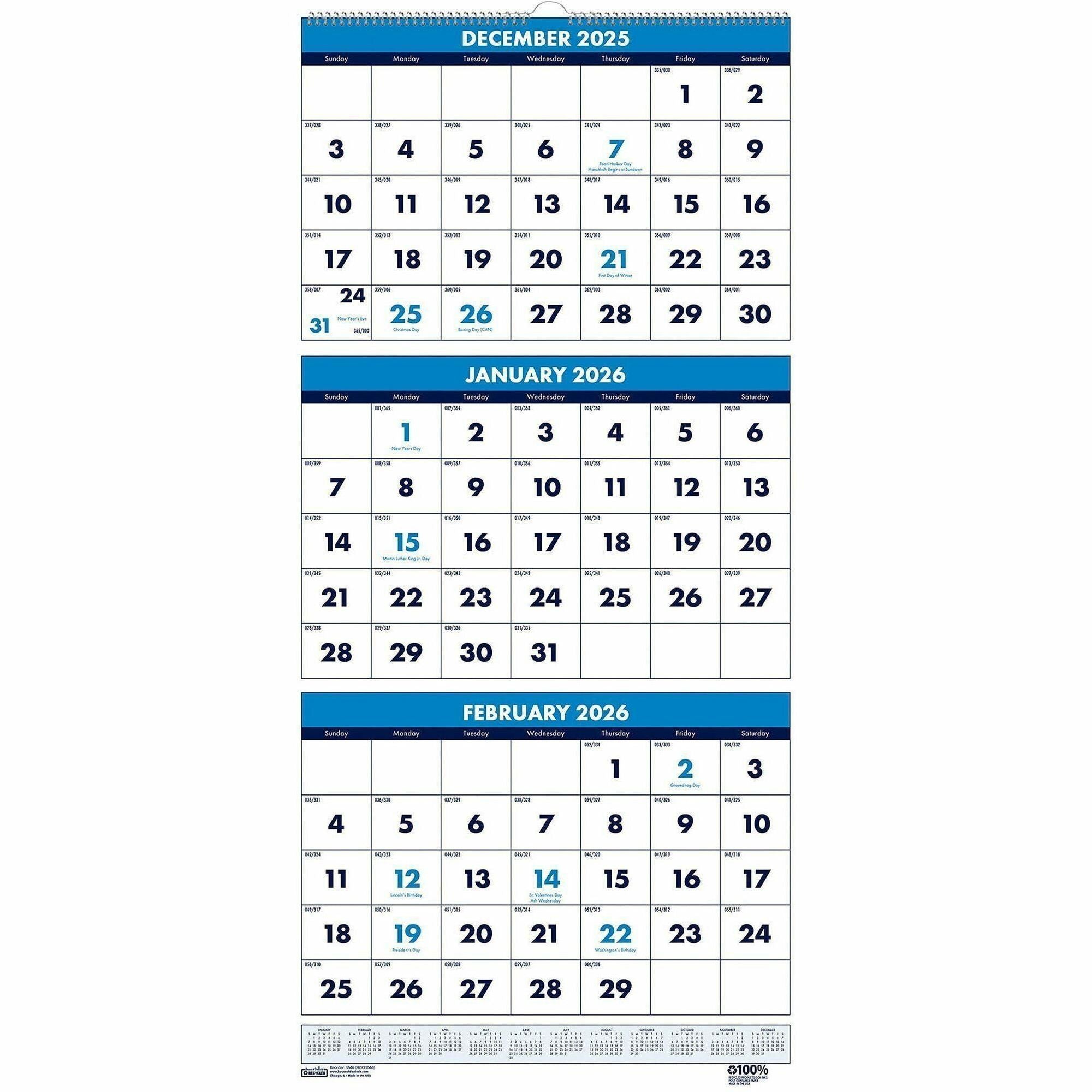 Recycled Three-Month Format Wall Calendar, Vertical Orientation, 12.25 x 26, White Sheets, 14-Month (Dec-Jan): 2023-2025