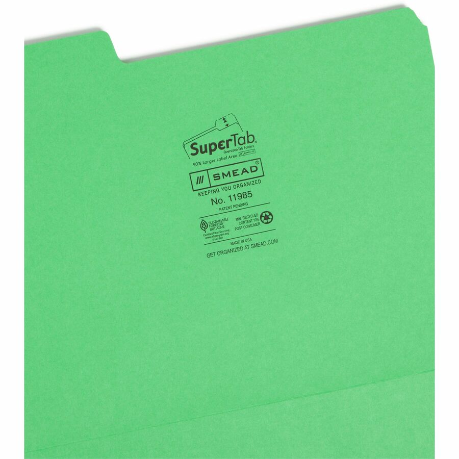 SuperTab Colored File Folders, 1/3-Cut Tabs: Assorted, Letter Size, 0.75" Expansion, 11-pt Stock, Green, 100/Box