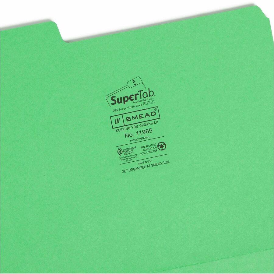 SuperTab Colored File Folders, 1/3-Cut Tabs: Assorted, Letter Size, 0.75" Expansion, 11-pt Stock, Green, 100/Box