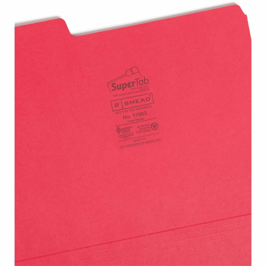 SuperTab Colored File Folders, 1/3-Cut Tabs: Assorted, Letter Size, 0.75" Expansion, 11-pt Stock, Red, 100/Box