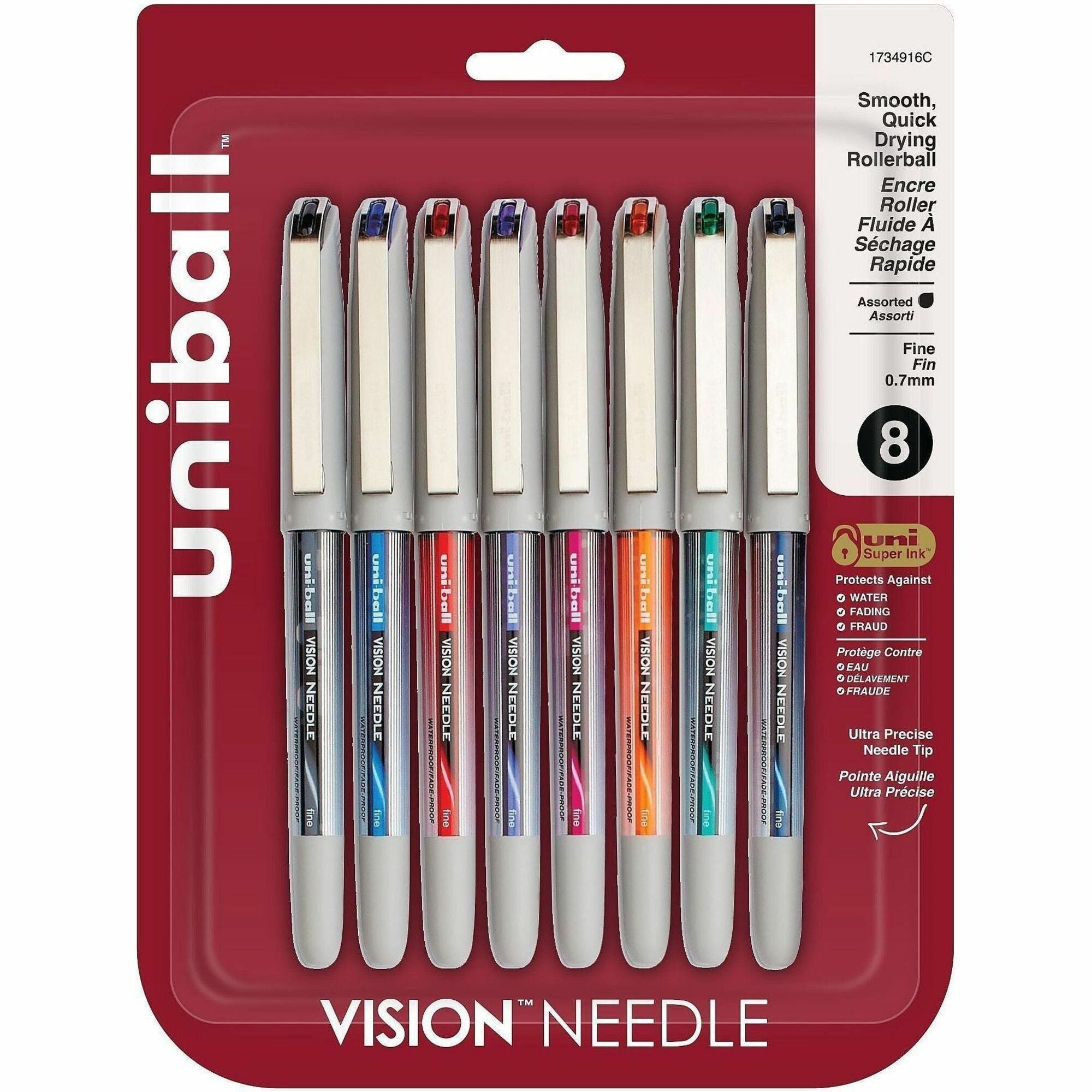 VISION Needle Roller Ball Pen, Stick, Fine 0.7 mm, Assorted Ink and Barrel Colors, 8/Pack