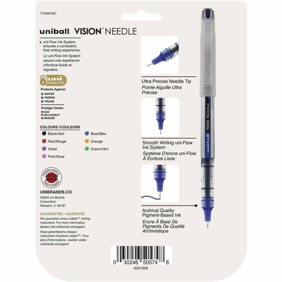 VISION Needle Roller Ball Pen, Stick, Fine 0.7 mm, Assorted Ink and Barrel Colors, 8/Pack