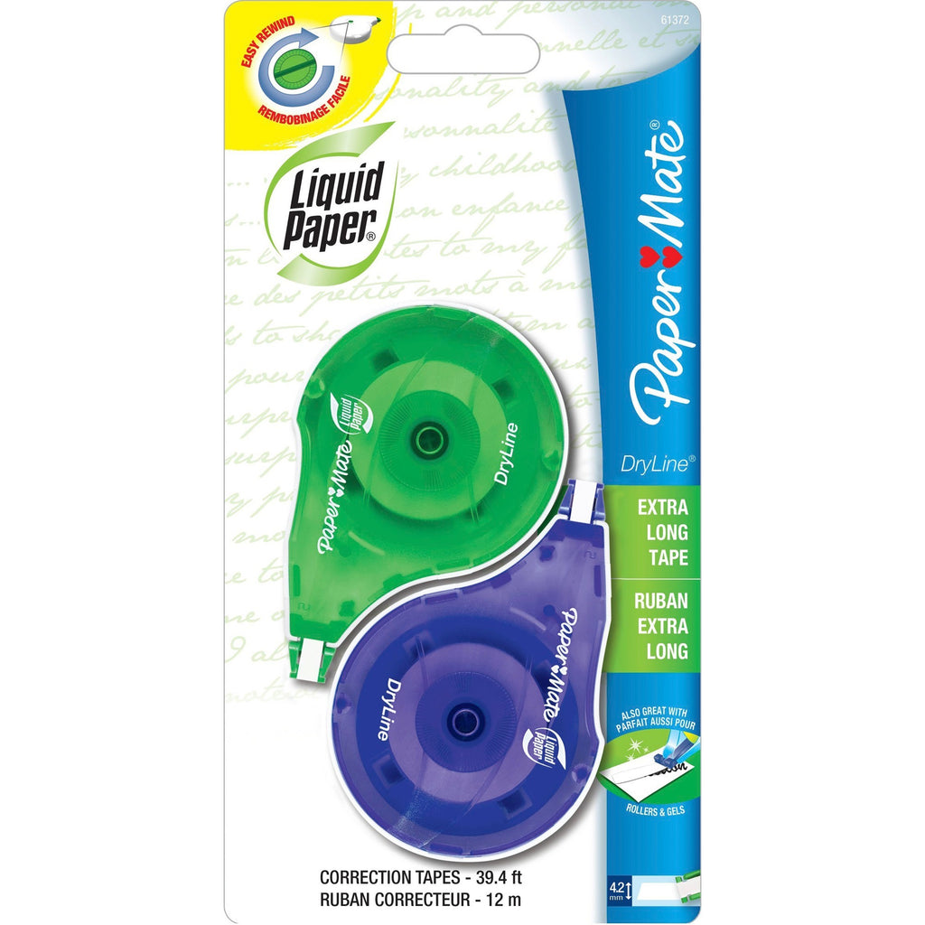 DryLine Correction Tape, Non-Refillable, Green/Purple Applicators, 0.17" x 472", 2/Pack