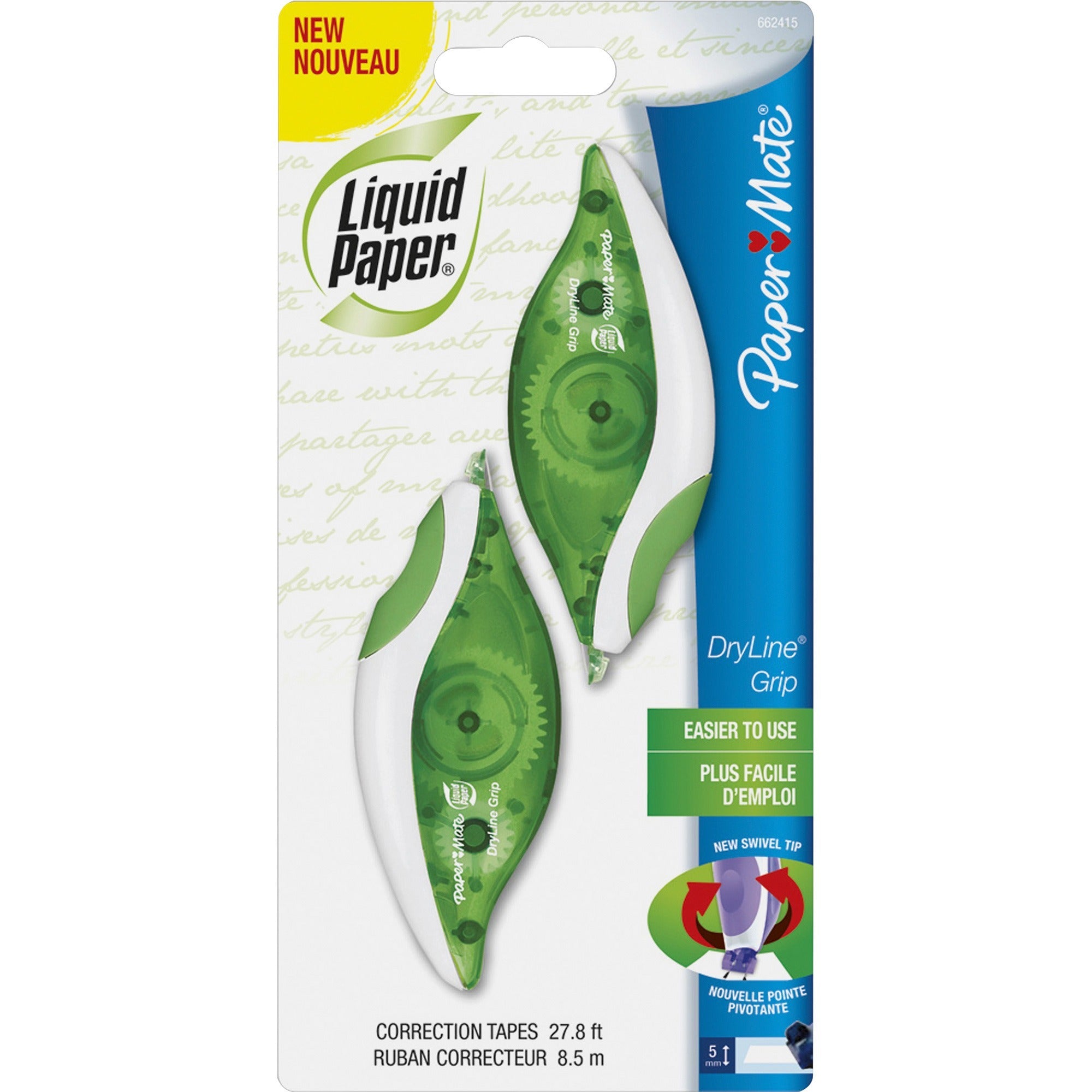 DryLine Grip Correction Tape, Non-Refillable, Gray/Green Applicator, 0.2" x 335", 2/Pack