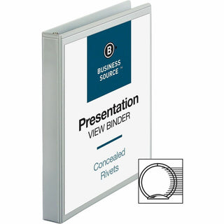 Business Source Standard View Round Ring Binder - 1" Binder Capacity - Letter - 8 1/2" x 11" Sheet Size - 225 Sheet Capacity - 3 x Round Ring Fastener(s) - 2 Internal Pocket(s) - White - 8 oz - Concealed Rivet, Non Locking Mechanism, Clear Overlay, S