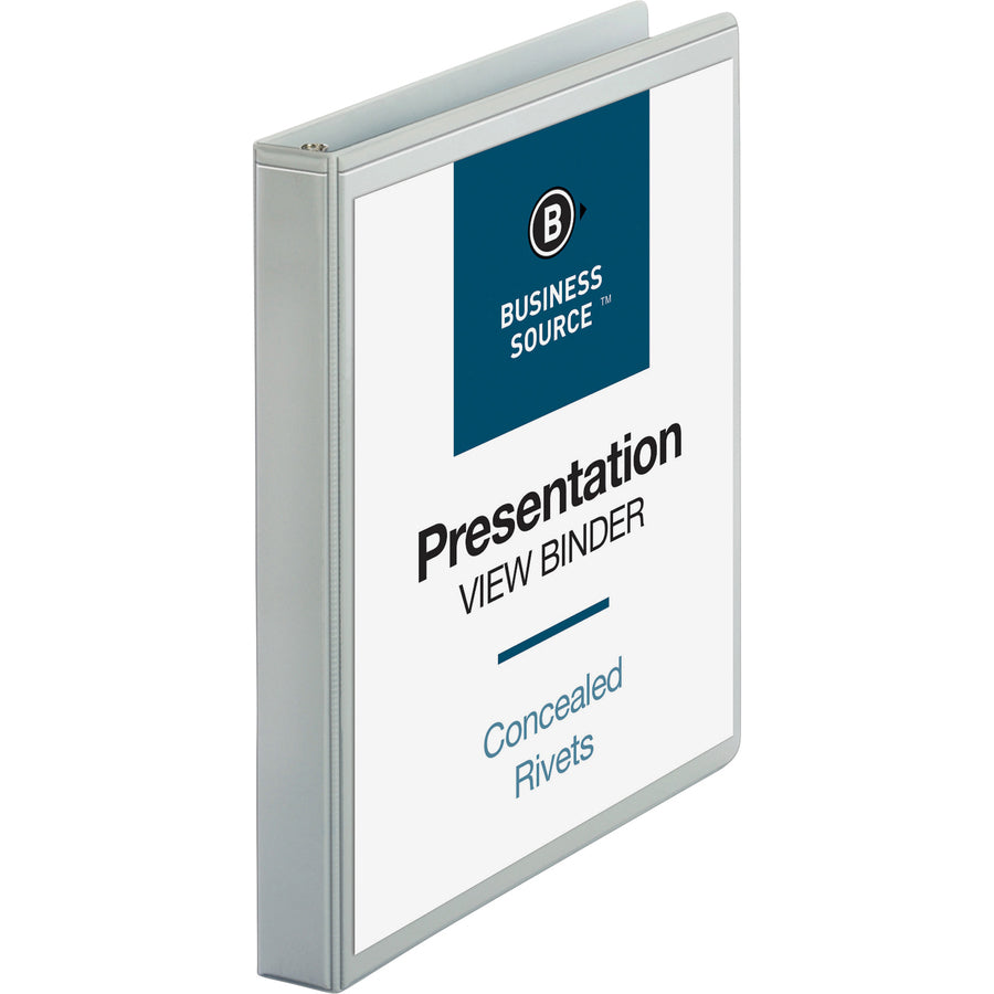 Business Source Standard View Round Ring Binder - 1" Binder Capacity - Letter - 8 1/2" x 11" Sheet Size - 225 Sheet Capacity - 3 x Round Ring Fastener(s) - 2 Internal Pocket(s) - White - 8 oz - Concealed Rivet, Non Locking Mechanism, Clear Overlay, S - 