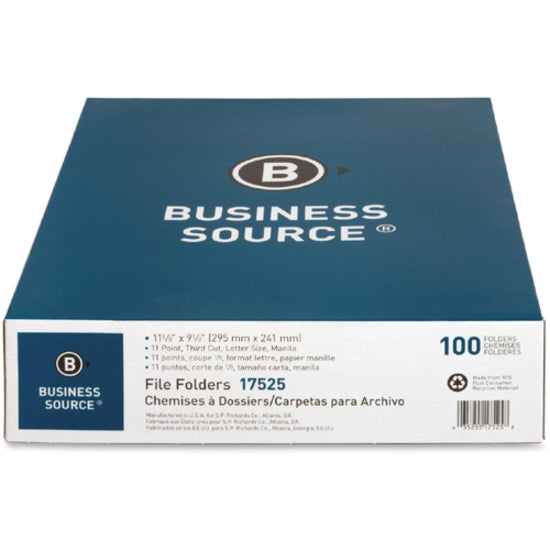 Business Source 1/3 Tab Cut Letter Recycled Top Tab File Folder - 8 1/2" x 11" - 3/4" Expansion - Top Tab Location - Assorted Position Tab Position - Manila - 10% Recycled - 100 / Box - 