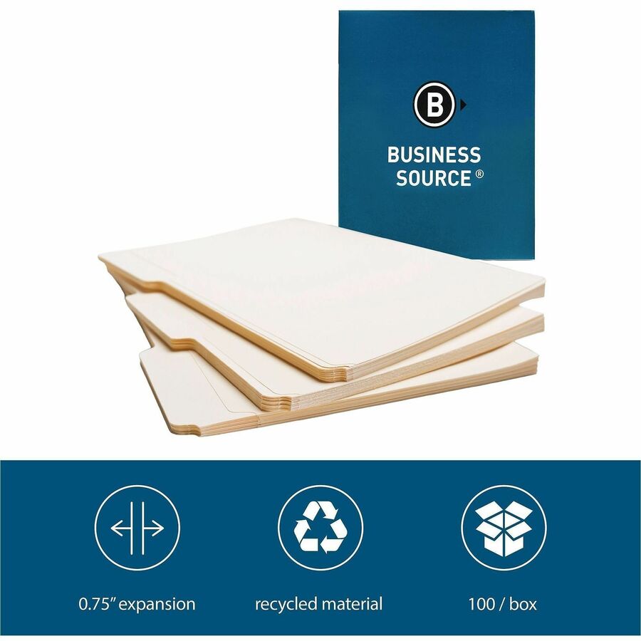 Business Source 1/3 Tab Cut Letter Recycled Top Tab File Folder - 8 1/2" x 11" - 3/4" Expansion - Top Tab Location - Assorted Position Tab Position - Manila - 10% Recycled - 100 / Box