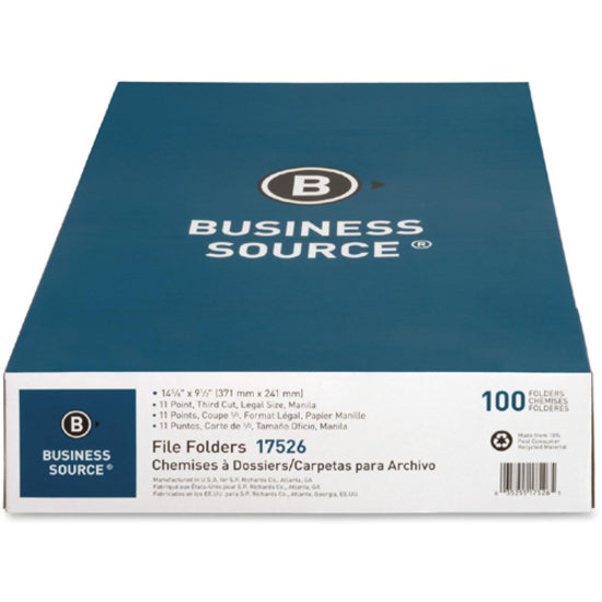 Business Source 1/3 Tab Cut Legal Recycled Top Tab File Folder - 8 1/2" x 14" - 3/4" Expansion - Top Tab Location - Assorted Position Tab Position - Manila - Manila - 10% Recycled - 100 / Box - 