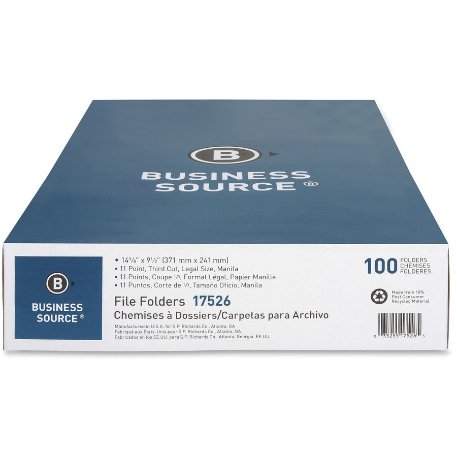 Business Source 1/3 Tab Cut Legal Recycled Top Tab File Folder - 8 1/2" x 14" - 3/4" Expansion - Top Tab Location - Assorted Position Tab Position - Manila - Manila - 10% Recycled - 100 / Box - 