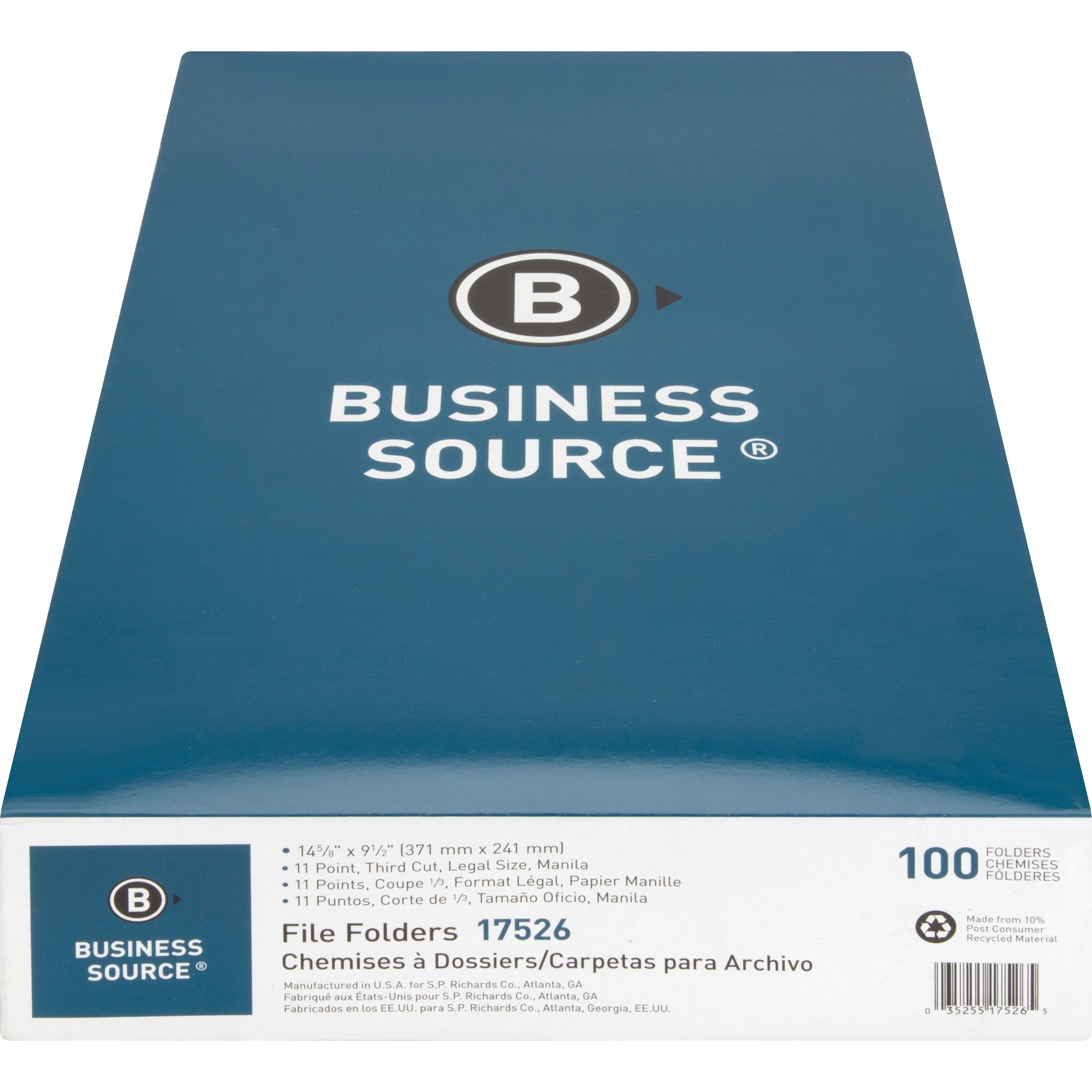 Business Source 1/3 Tab Cut Legal Recycled Top Tab File Folder - 8 1/2" x 14" - 3/4" Expansion - Top Tab Location - Assorted Position Tab Position - Manila - Manila - 10% Recycled - 100 / Box - 