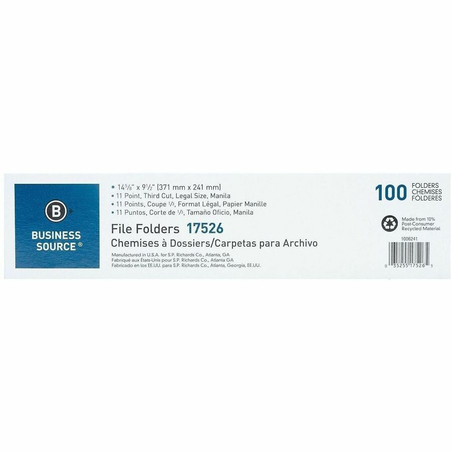 Business Source 1/3 Tab Cut Legal Recycled Top Tab File Folder - 8 1/2" x 14" - 3/4" Expansion - Top Tab Location - Assorted Position Tab Position - Manila - Manila - 10% Recycled - 100 / Box