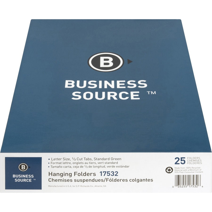 Business Source 1/3 Tab Cut Letter Recycled Hanging Folder - 8 1/2" x 11" - Standard Green - 100% Recycled - 25 / Box