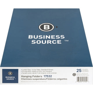 Business Source 1/3 Tab Cut Letter Recycled Hanging Folder - 8 1/2" x 11" - Standard Green - 100% Recycled - 25 / Box