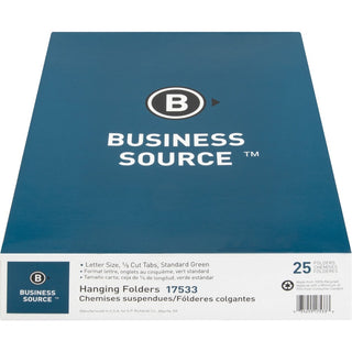 Business Source 1/5 Tab Cut Letter Recycled Hanging Folder - 8 1/2" x 11" - Green - 100% Recycled - 25 / Box