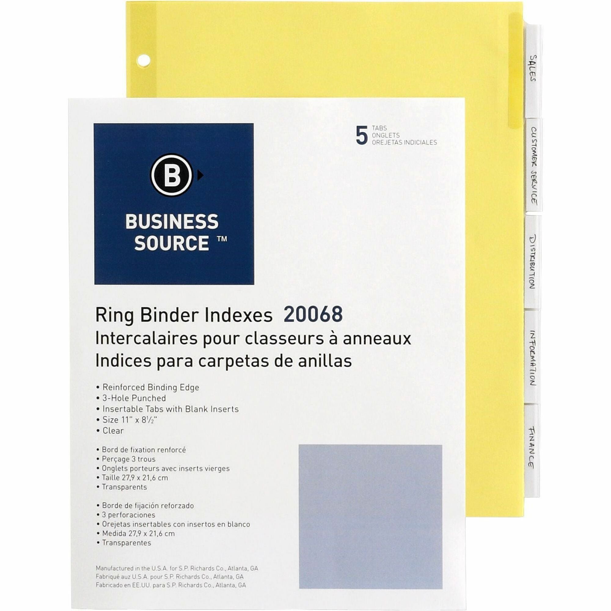 Business Source Buff Stock Ring Binder Indexes - 5 x Divider(s) - Blank Tab(s) - 5 Tab(s)/Set2" Tab Width - 8.5" Divider Width x 11" Divider Length - Letter - 3 Hole Punched - Buff Buff Paper Divider - Clear Tab(s) - Tear Resistant, Reinforced Edges, - 