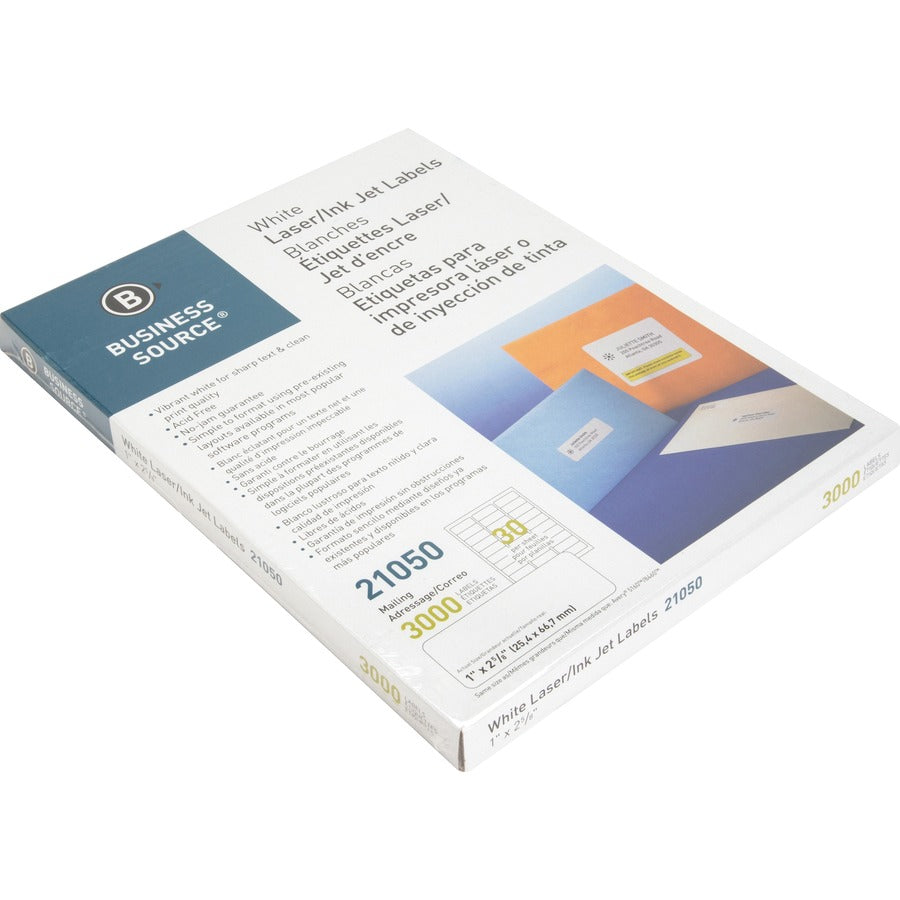 Business Source Bright White Premium-quality Address Labels - 1" Width x 2 5/8" Length - Permanent Adhesive - Rectangle - Laser, Inkjet - White - 30 / Sheet - 100 Total Sheets - 3000 / Pack - Jam-free
