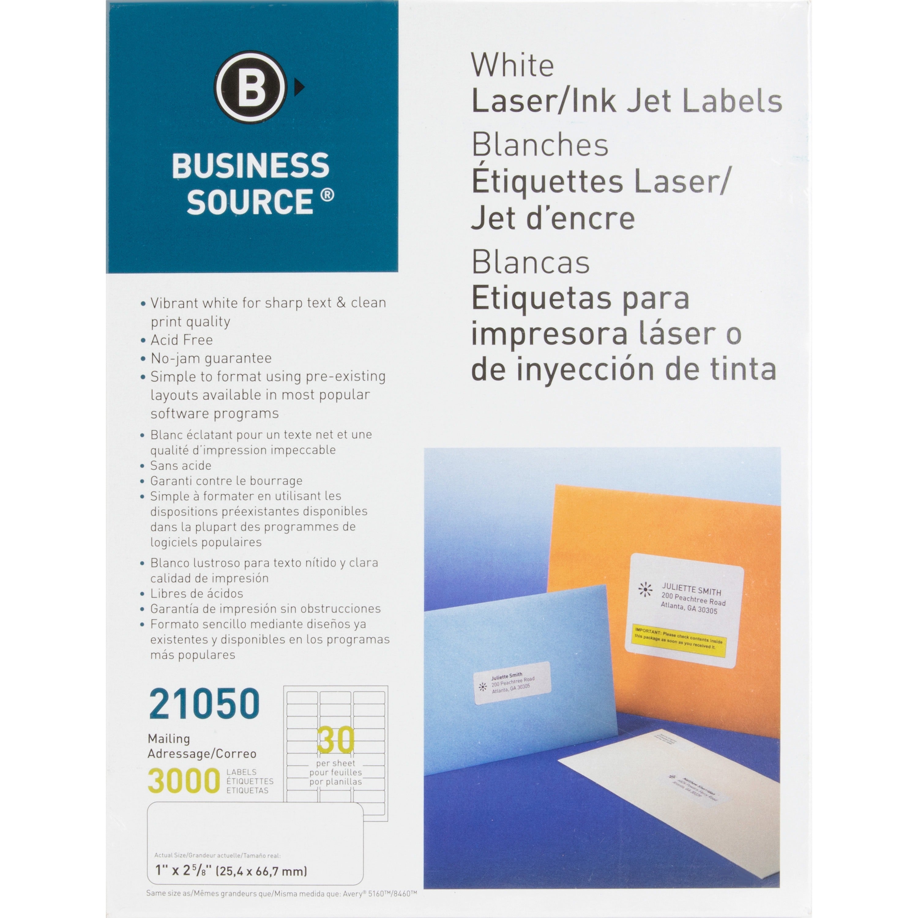 Business Source Bright White Premium-quality Address Labels - 1" Width x 2 5/8" Length - Permanent Adhesive - Rectangle - Laser, Inkjet - White - 30 / Sheet - 100 Total Sheets - 3000 / Pack - Jam-free - 