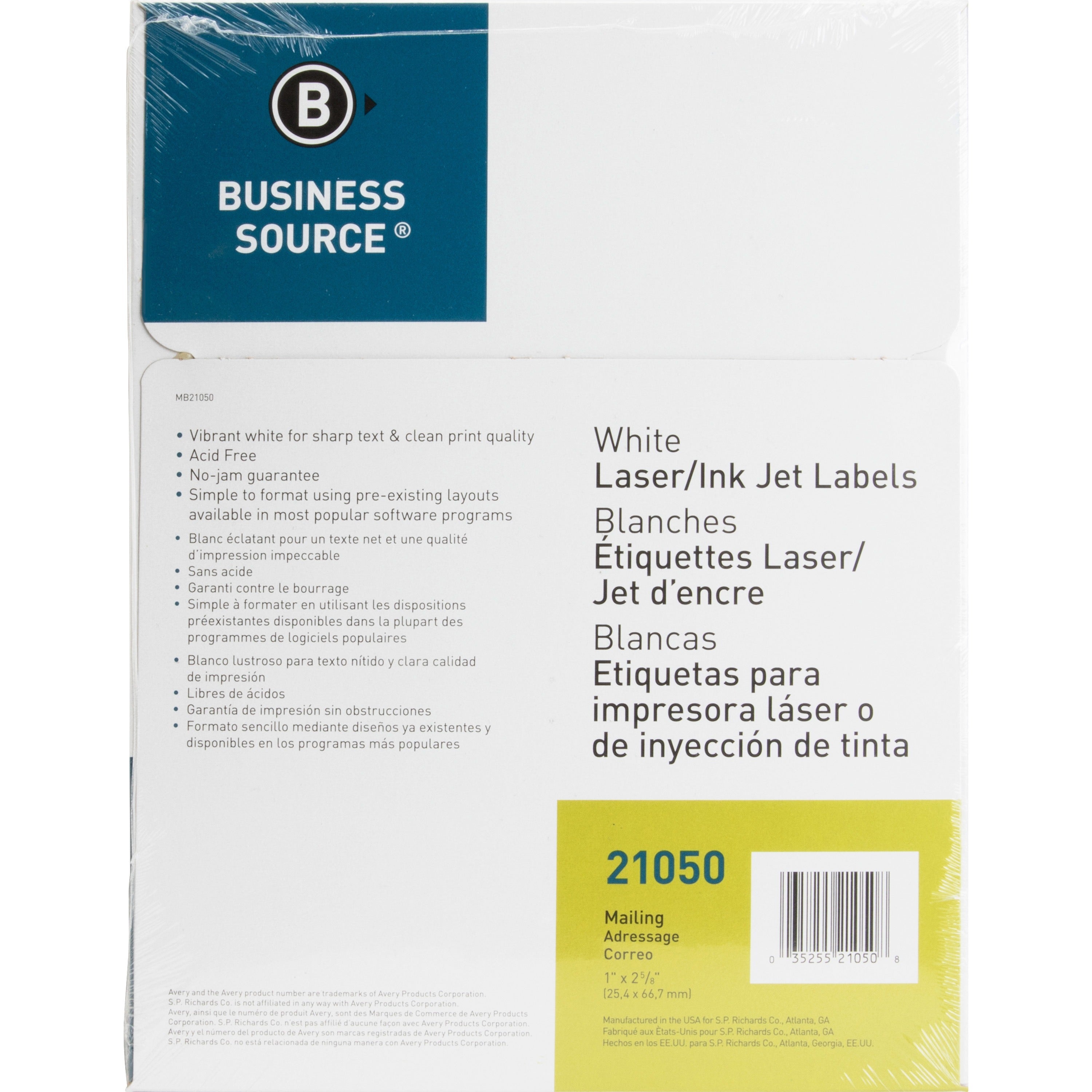 Business Source Bright White Premium-quality Address Labels - 1" Width x 2 5/8" Length - Permanent Adhesive - Rectangle - Laser, Inkjet - White - 30 / Sheet - 100 Total Sheets - 3000 / Pack - Jam-free - 